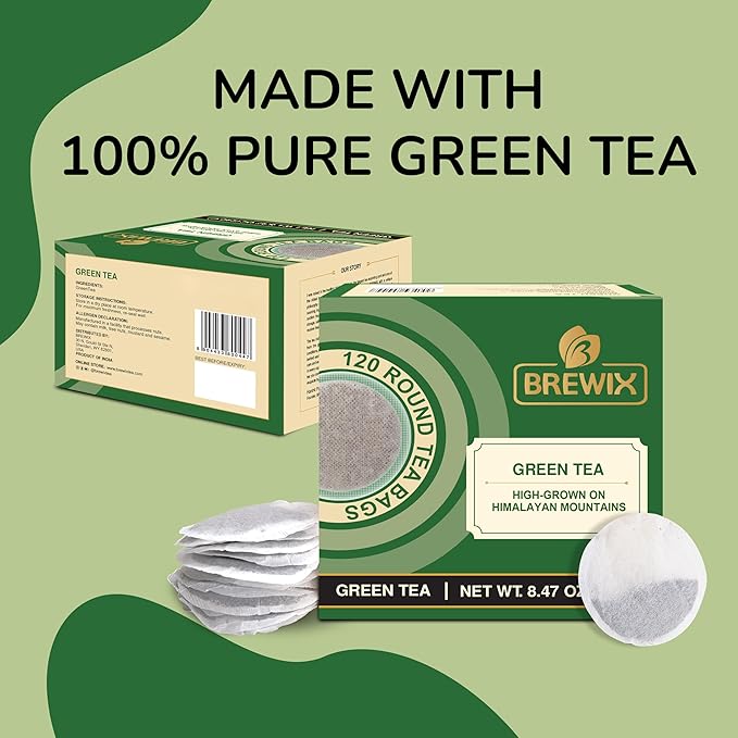 BREWIX Green Tea Bags From Himalayas (120 Round Tea Bag) Vacuum Packed for Freshness | Naturally Gluten Free I High Elevation Grown