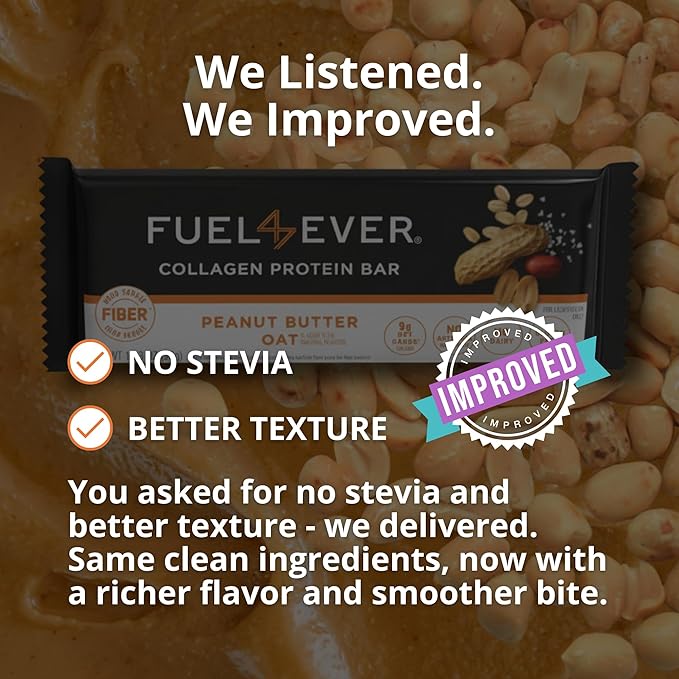 Fuel 4 Ever Collagen Protein Bars | 14G Protein Gluten Free Dairy Free No Stevia or Artificial Ingredients Added Sweetened with Honey | Peanut Butter Oat Flavor (Box of 12)