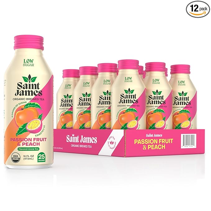 Saint James Iced Tea - Organic Green Tea - Non GMO Gluten Free Low Calorie &amp Low Sugar - Passion Fruit &amp Peach 12 Pack (16 fl oz each)