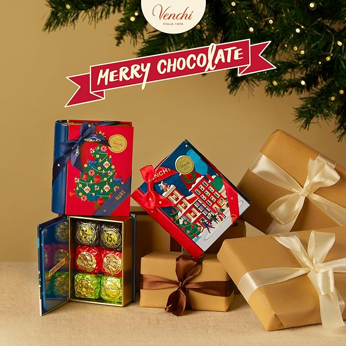 Venchi - Mini Christmas Book with Assorted Chocoviar Gift Box with 6 Chocoviar Chocolates Limited Edition Gluten-Free No Colourings or Preservatives Gift Idea