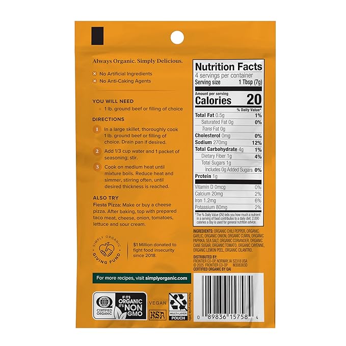 Simply Organic Mild Taco Seasoning Mix Gluten Free Certified Organic Kosher Vegetarian Pure Flavor for Tacos Stir-Fries Mexican Dishes and More | 1 Ounce (Pack of 1)