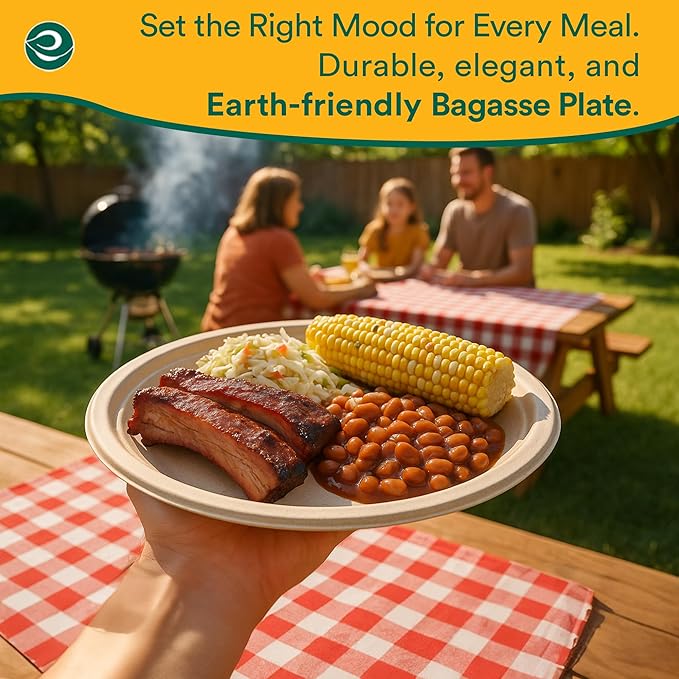 ECO SOUL 9 Inch Compostable Disposable Paper Plates [200 Pack] Food Safe 100% Virgin Bagasse Pulp Heavy Duty Biodegradable Microwave Safe Large Round Dinner Plate for Party Picnic &amp BBQ (Brown)