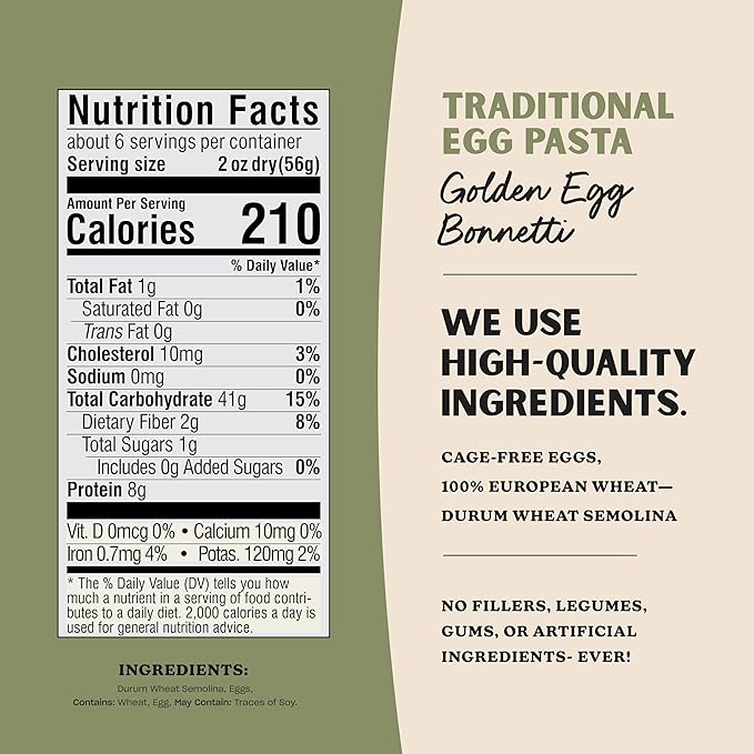 Al Dente Golden Egg Bonnetti – All-Natural Hand-Crafted Egg Pasta. Traditional Pasta Noodles Made with Cage-Free Eggs and Semolina. Great for Pastas Soups Stews. 12oz Bags (Pack of 6)