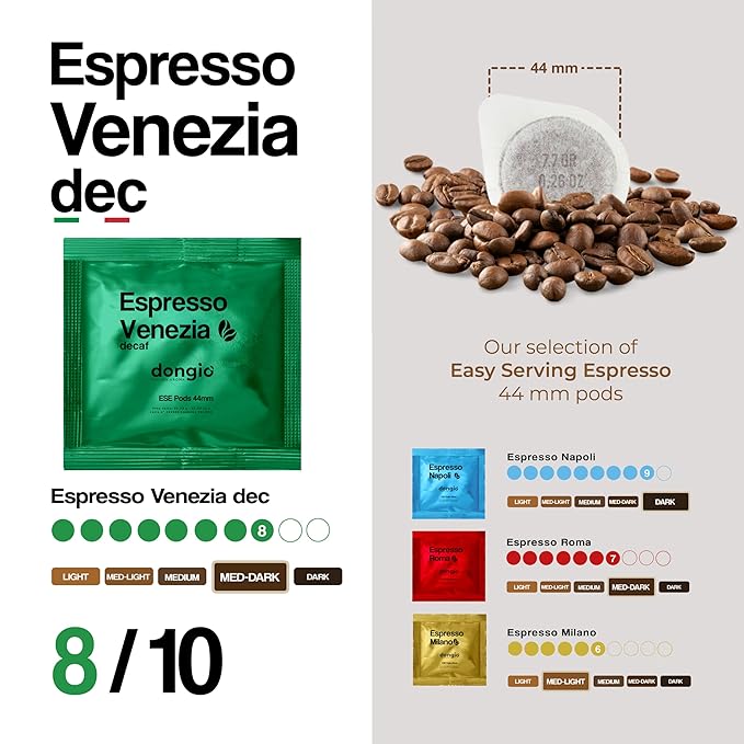 Dongiò Caffè Espresso Venezia - 150 Easy Serving Espresso Pods (ESE 44mm) – Dark Roast Coffee (Intensity 8/10) - Roasted and Blended in Italy