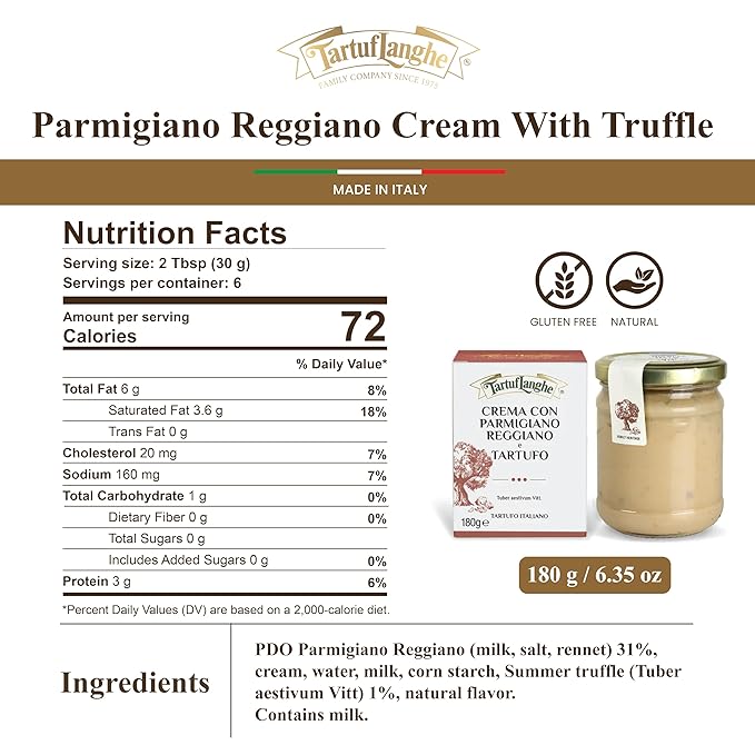TartufLanghe Parmigiano Reggiano Black Truffle Cream Sauce - Authentic Italian Truffle Sauce for Pasta with Cheese Gourmet Cooking Cream Gluten Free Specialty Condiment - 6.34 oz (Pack of 1)