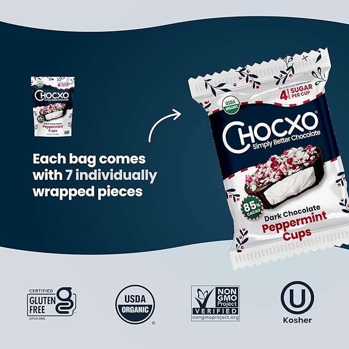 Chocxo Dark Chocolate Peppermint Cups - Lower Sugar Christmas Candy 85% Organic Cacao NonGMO Keto Gluten Free Kosher. No Artificial Sweeteners/Sugar Alcohols 3.45 oz (Pack of 6)