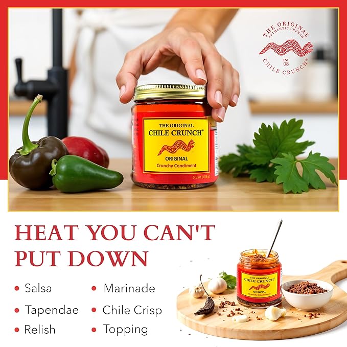 CHILE CRUNCH - Original Spicy Crunchy Condiment - All Natural Roasted Chili Peppers Garlic &amp Onion Crisp Sauce - Vegan Gluten-Free No Preservatives - Homemade Authentic Mexican Recipe 5.5oz (2