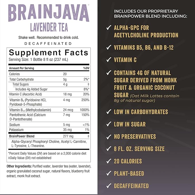 Brainjava Lavender Tea Ready to Drink Beverage With L-Theanine Vitamin C Vitamin B and Potassium for Daily Balance and Wellness Caffeine Free French Lavender With Blueberry Fruit 8 Fl Oz 4 Pac