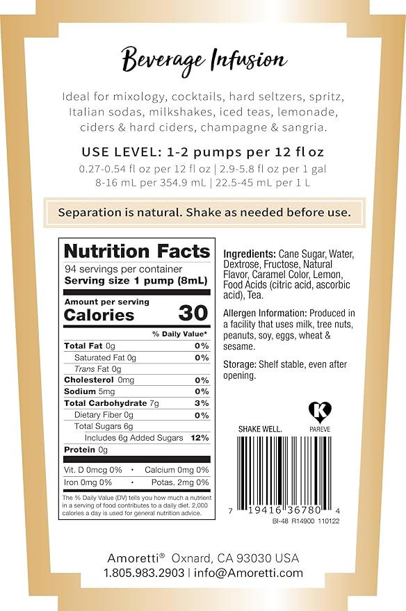 Amoretti - Chai Tea Lemonade Beverage Infusion 94 Servings Per Bottle (750 ml) - Drink Mix &amp Water Enhancer with Pump for Flavoring Cocktails Waters Teas and other Beverages Preservative Free