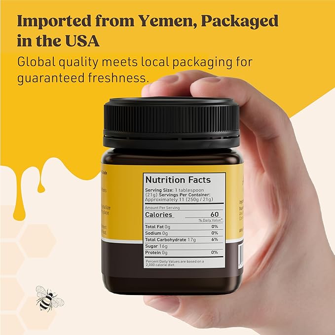 Arwa Foods Multifloral Mountain Yemeni Raw Honey - Royal Yemeni Raw honey from Wadi of Douan - Sealed &amp Packaged in USA - 100% Unfiltered Raw &amp Pure Honey (8.82 oz)