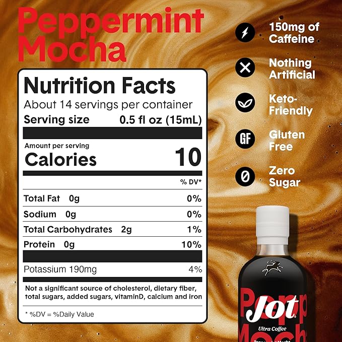 Jot Coffee Concentrate (Peppermint Mocha) High Caffeine Cold Brew Coffee Concentrate Liquid for Iced Coffees Instant Espresso Hot Cold Instant Coffees - Makes 14 Cups 150mg Caffeine/Tbsp No Sugar