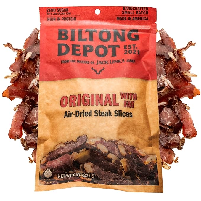 Biltong Depot Original Beef Biltong Slices with Fat – 8oz | Air-Dried Beef Jerky Snack | High Protein | Zero Sugar | Keto &amp Paleo Friendly | Gluten Free | No Artificial Preservatives | No MSG