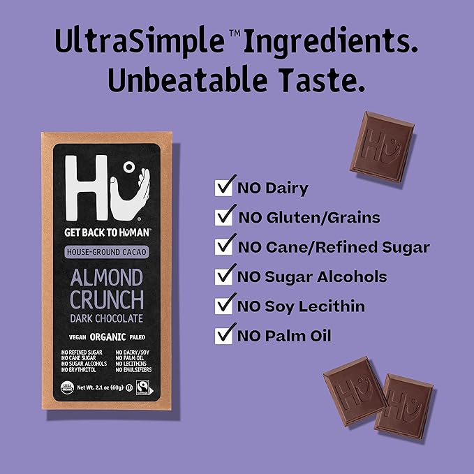 Hu Chocolate Bars | 12 Pack Almond Crunch Chocolate | Natural Organic Vegan Gluten Free Paleo Non GMO Fair Trade Dark Chocolate | 2.1oz Each