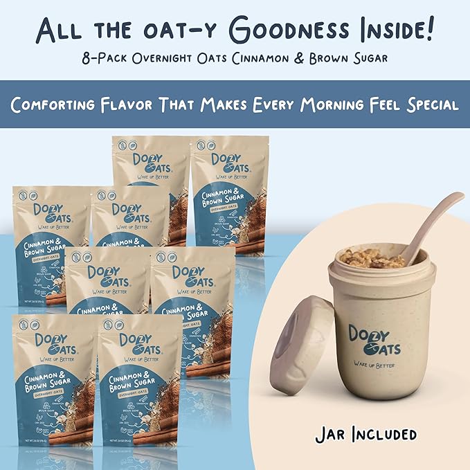 Dozy Oats Overnight Oatmeal Packets Cinnamon and Brown Sugar Multipack with Rolled Oats and Chia Seeds. Gluten-Free Natural Source of Protein and Fiber 8-Pack and Jar