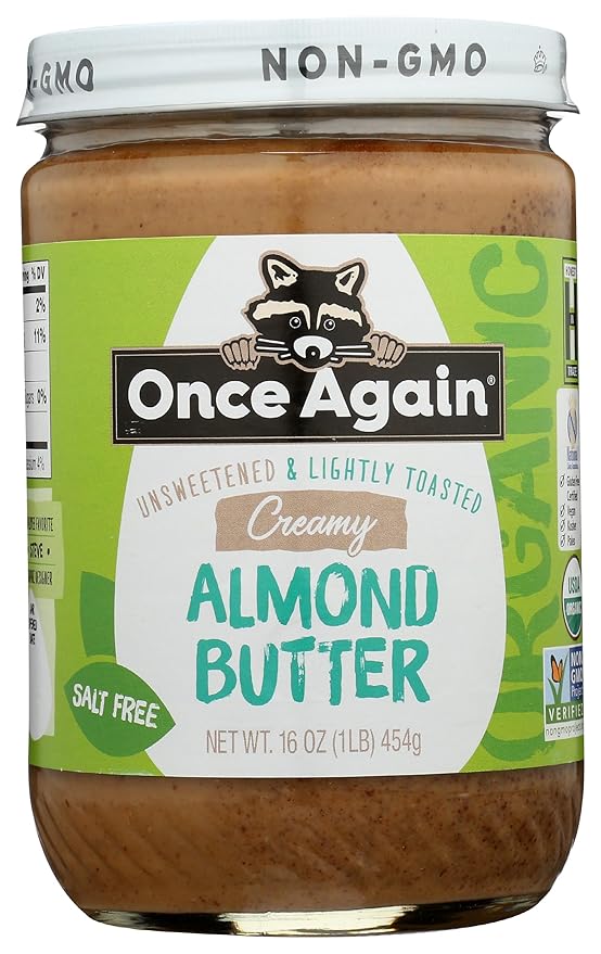 Once Again Creamy Organic Almond Butter No Sugar Lightly Toasted - Single Ingredient Nut Butter No Palm Oil No Salt - Glass Jar Non-GMO Gluten Free Vegan 16 oz Glass Jar