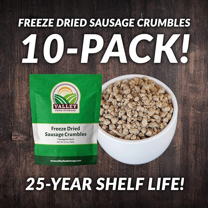 Valley Food Storage Freeze Dried Sausage Crumbles | 10-Bag Bucket 85 oz | Premium Emergency Food Supply 25 Year Shelf Life | Prepper Supplies Survival Food Camping &amp Off-Grid Living | Packaged