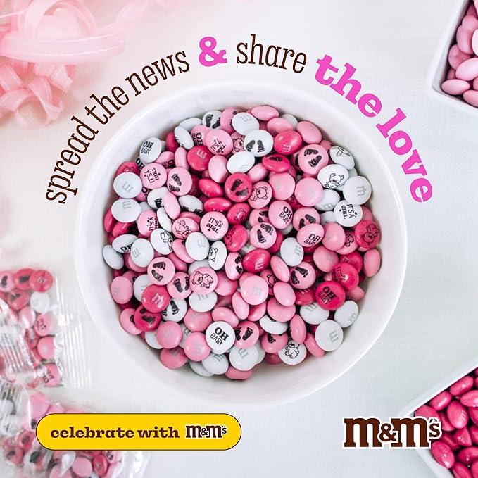 M&ampM'S World Baby Girl Milk Chocolate Favors 20 Packs 0.75oz each with Pink and White M&ampM'S for Girl Baby Showers Gender Reveal Parties and Guest Giveaways