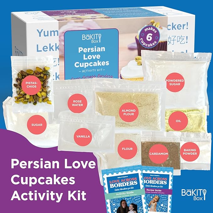 BāKIT Box Persian Love Cupcakes Baking Kit for Kids – Global Cultural Baking Activity Set with Recipe Booklet &amp Premium Ingredients – Includes Rose Water Cardamom &amp Pistachios – Ages 7–14