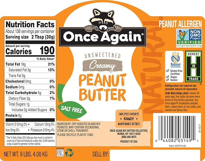 Once Again Natural Creamy Peanut Butter 9lb Bucket (same as 9 jars) - Salt Free Unsweetened - Gluten Free Certified Vegan Kosher Non-GMO Verified