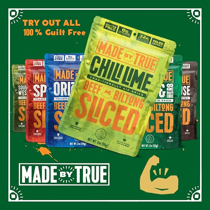 Made by True Chili Lime Beef Sliced Bites (2 Ounce Pack of 2) - All Natural Zero-Sugar True Jerky Biltong Chili Bites - High Protein Keto Paleo &amp Whole30 Diet - Sugar-Free Gluten-Free Carb-F