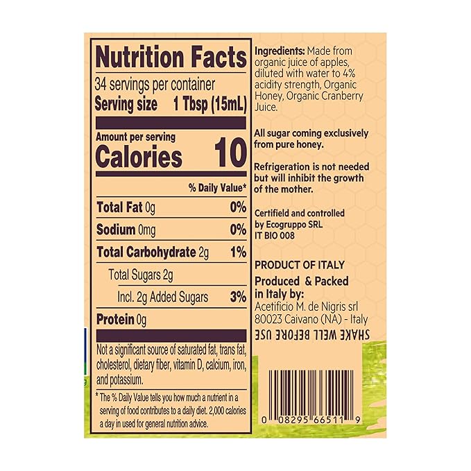 De Nigris Organic Apple Cider Vinegar With Honey &amp Cranberry Raw &amp Unfiltered 169 Oz (Pack of 2) | Apple Cider Vinegar With Mother For The Balance Of Metabolism Organic