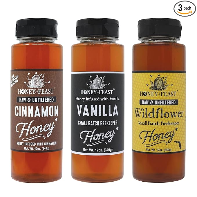 HONEY FEAST Coffee Lovers Honey Trio – Includes 12oz Cinnamon Vanilla and Wildflower Honey – Perfect for Coffee Tea Drizzling &amp Gourmet Gifting