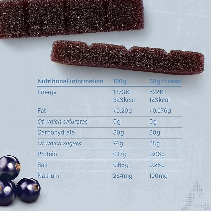 AMACX Fruit Chew Energy Bar – High Carb Running Fuel – 12 x 38g – Electrolyte Chews for Endurance Sports with 51% Fruit – Vegan Gluten &amp Lactose-Free – Sports Nutrition Running Chews – Cassis