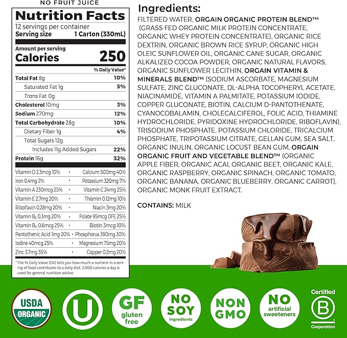 Orgain Organic Nutritional Protein Shake Creamy Chocolate Fudge - 16g Grass Fed Whey Protein Meal Replacement 20 Vitamins &amp Minerals Fruits &amp Vegetables Gluten Free Non-GMO 11 Fl Oz (12