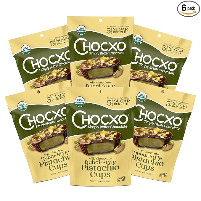 Chocxo Milk Dubai Chocolate Pistachio Cups - Lower Sugar Organic NonGMO Keto Gluten Free Kosher. 43% Cacao No Artificial Sweeteners/Sugar Alcohols 3.45 oz (Pack of 6)