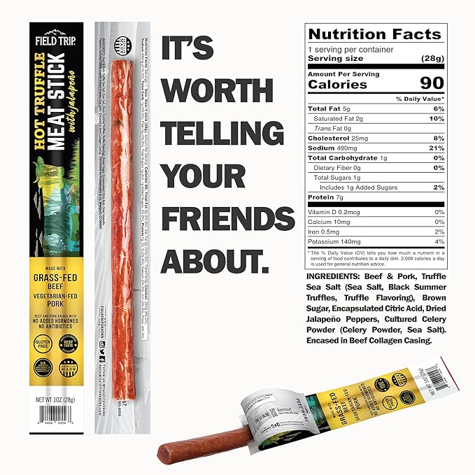 Field Trip Grass Fed Hot Truffle Jerky Snack Sticks Keto Paleo Gluten Free Allergy Friendly Snack High Protein 90 Calorie Snack 1oz 24 Pack