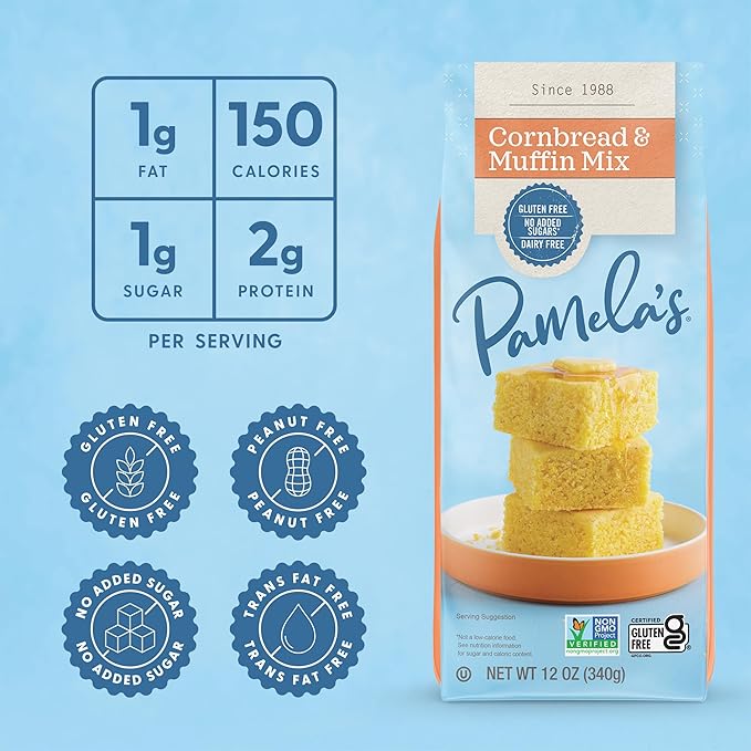 Pamela's Gluten Free Cornbread &amp Muffin Mix Organic Corn 12 Ounce Bag (Pack of 6)