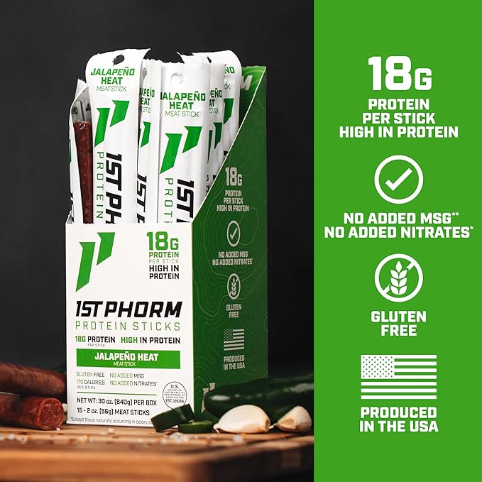 1st Phorm Meat Sticks Jalapeno Heat 18G Protein per Serving USA Raised Lean Beef High Protein Snacks Gluten Free No Msg or Nitrates Individually Wrapped 15 Count