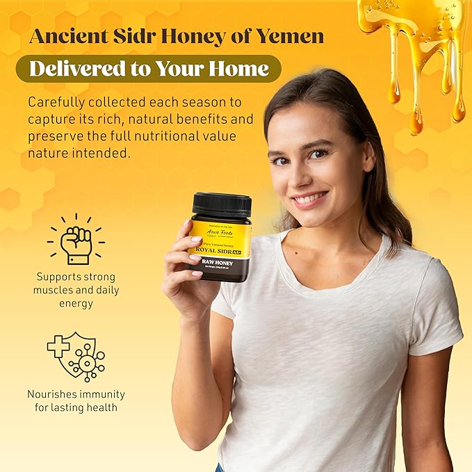 Arwa Foods Royal Sidr AA+ Raw Honey - Royal Yemeni Raw honey from Wadi of Douan - 100% Unfiltered Raw &amp Pure Honey - Sealed &amp Packaged in USA (8.82 oz)