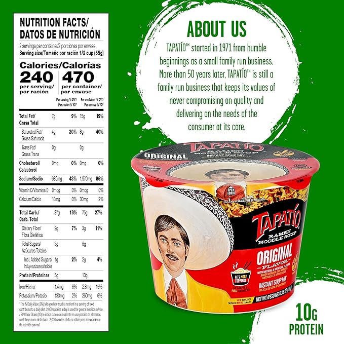 Tapatío Ramen Noodle Soup Orignal - Microwaveable Big Bowl 3.88 oz. (110g) 6-Pack