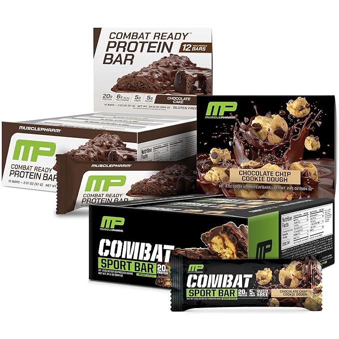 MusclePharm Combat Sport Bar Bundle - Chocolate Chip Cookie Dough &amp Chocolate Cake Flavors High Protein Fuel Performance Combat Cravings 20g Protein 5g Fiber 12 Bars