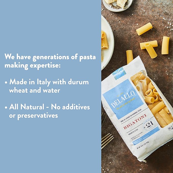 DeLallo Rigatoni Pasta 1 Pound Bag 7 Pack Made in Italy Cooks in 13 Minutes Made with Durum Wheat Semolina Flour Al Dente Texture Non-GMO