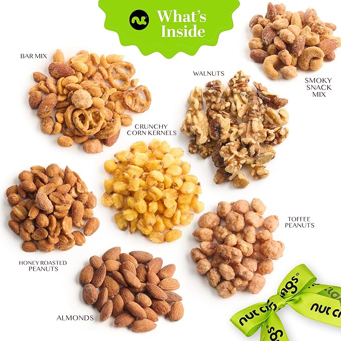 NUT CRAVINGS - Easter Mixed Nuts Gift Basket in Reusable Round Wooden Tray + Green Ribbon (7 Assortments) Ramadan Gifts Saint Patrick's Day Treats for Adults Healthy Snack Care Package Kosher
