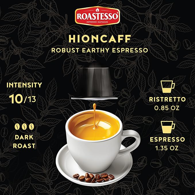Roastesso Espresso Capsules Hioncaff Intensity 10 Compatible with Nespresso Original Machines High Caffeine Dark Roast Ristretto Single Serve Recyclable Coffee Pods (80 Count)