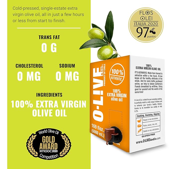 O-Live &amp Co. Extra Virgin Olive Oil - Bag-in-Box - 5L 169FlOz -Bulk - First Cold Pressed - Estate Grown and Bottled - Perfect for Salad Dressings Marinades Sauteing Stir Frying &amp Baking -