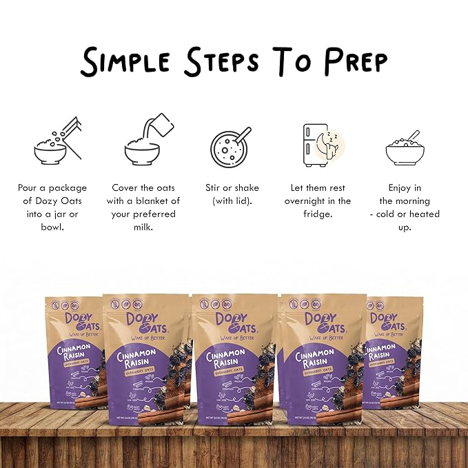 Dozy Oats Overnight Oatmeal Packets Cinnamon Raisin Multipack with Rolled Oats Chia Seeds Date Powder Cinnamon and Raisins. Gluten-Free Natural Source of Protein and Fiber 8-Pack and Jar