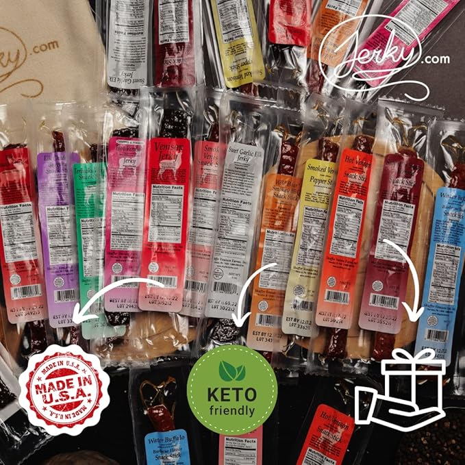 Jerky.com Exotic Meat Sticks Gift Bag | Wild Game Jerky Sampler with Venison Elk &amp Wild Boar | 12pc High Protein Jerky Gift basket | Unique Birthday Gifts for Men