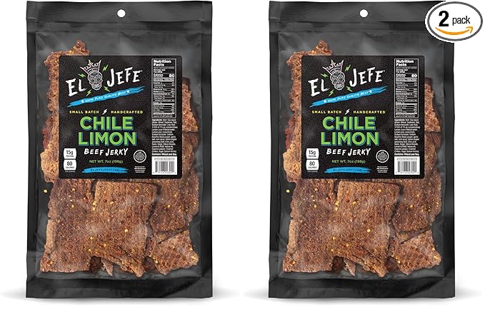 El Jefe Beef Jerky Chile Limon 7oz - Authentic Mexican Style Hispanic Slab Jerky Hand-Crafted in Small Batches for Bold and Zesty Snacking! (Pack of 2)