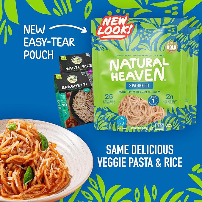 Natural Heaven Hearts of Palm Spaghetti 3-Pack + White Rice 3-Pack – Low-Calorie Keto &amp Gluten-Free Food Vegan 9 Oz Ea