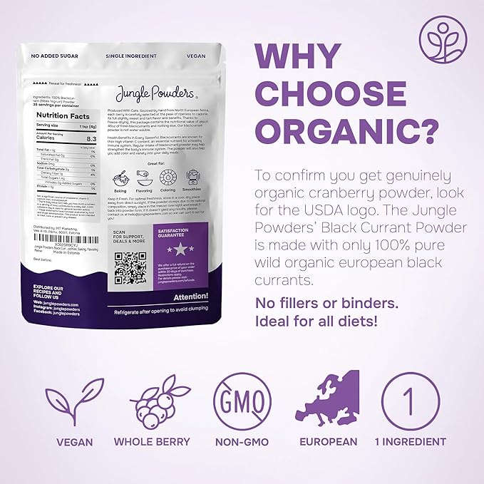 Jungle Powders Black Currant Powder Organic 5 Ounce Bag - USDA Certified Freeze Dried Black Currants for Recovery - Rich In Anthocyanins &amp Polyphenols Blackcurrant Extract for Smoothies Tea Baki