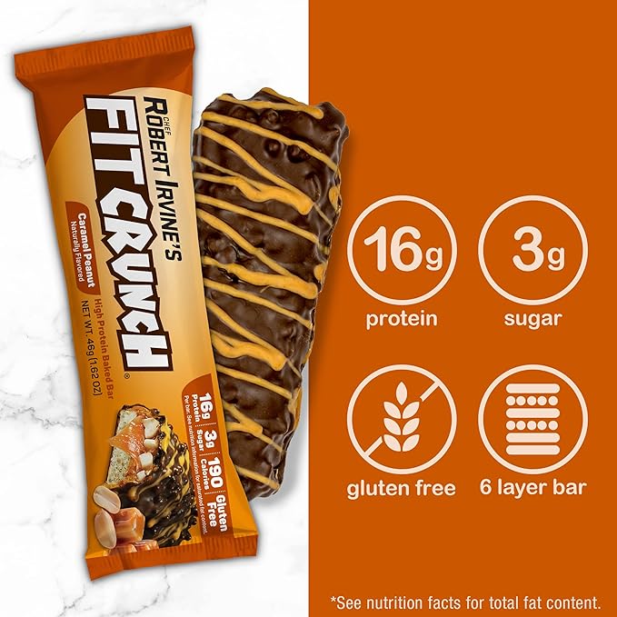 FITCRUNCH Snack Size Protein Bars 6-Layer Baked Bar 3g of Sugar Gluten Free &amp Soft Cake Core (9 Bars Caramel Peanut)