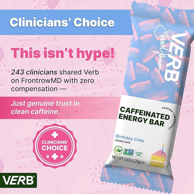 Verb Caffeinated Energy Bars Birthday Cake (26g Pack of 16) 110-Calorie Delicious Low Sugar Energy Bar - Vegan Gluten Free On-the Go Snack with 80mg Green Tea Caffeine Only Real-Food Ingredients