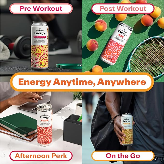 WellWithAll Energy Drink Variety Pack Strawberry Lemonade Fruit Punch Tropical Mango Peach Flavors Caffeine from Tea With Vitamin C Lightly Sparkling Beverage Juice Blend 12 oz 12-Pack