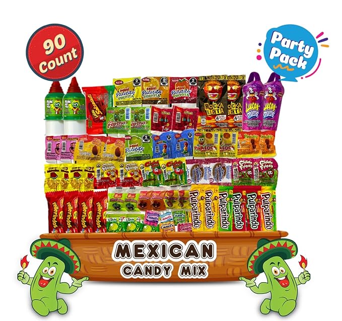 Mexican Candy Assortment Snacks Pack - Variety of Spicy Sweet and Sour Candies Includes Lucas Candy Pelon Pelo Rico Pulparindo Rellerindo by LookOn - 90 Count