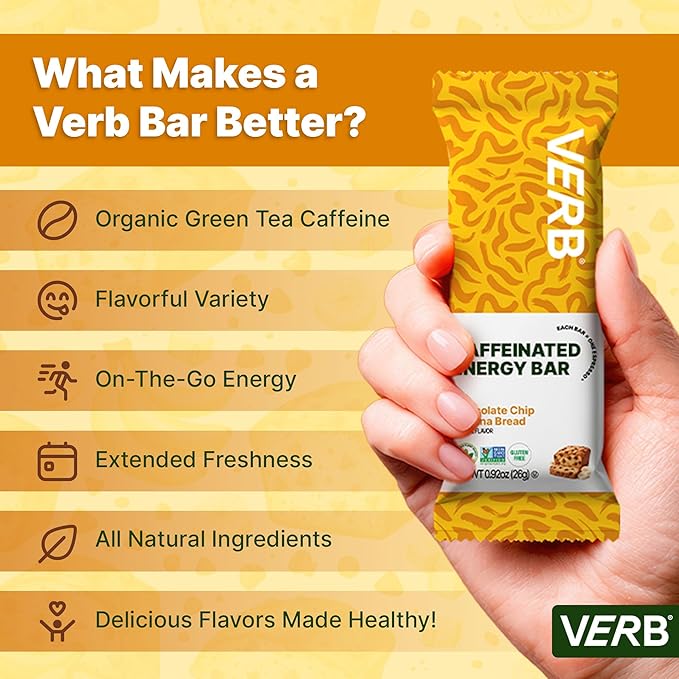 Verb Caffeinated Energy Bars Variety Pack - 2 Delicious Flavors (26g Pack of 16) 110-Calorie Delicious Low Sugar Energy Bar Vegan &amp Gluten Free On-the Go Snack with 80mg Green Tea Caffeine