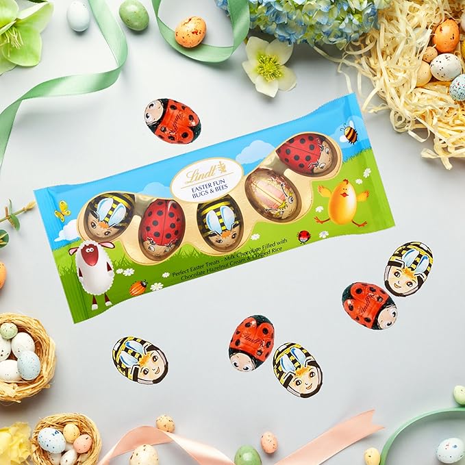 Lindt Easter Chocolate Bulk Buy - Pack of 3 x 50g Milk Chocolate Bugs &amp Bees Filled with Hazelnut Cream and Crispy Rise Chocolate Bulk for Easter Gifts Easter Egg Hunt Party Bag Fillers or Hampe